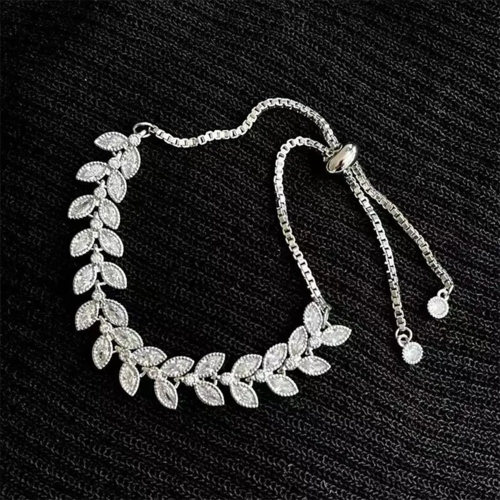 Solid Sterling Silver Leaves Braided  Adjustable Bracelet Jewelry Gift for Women